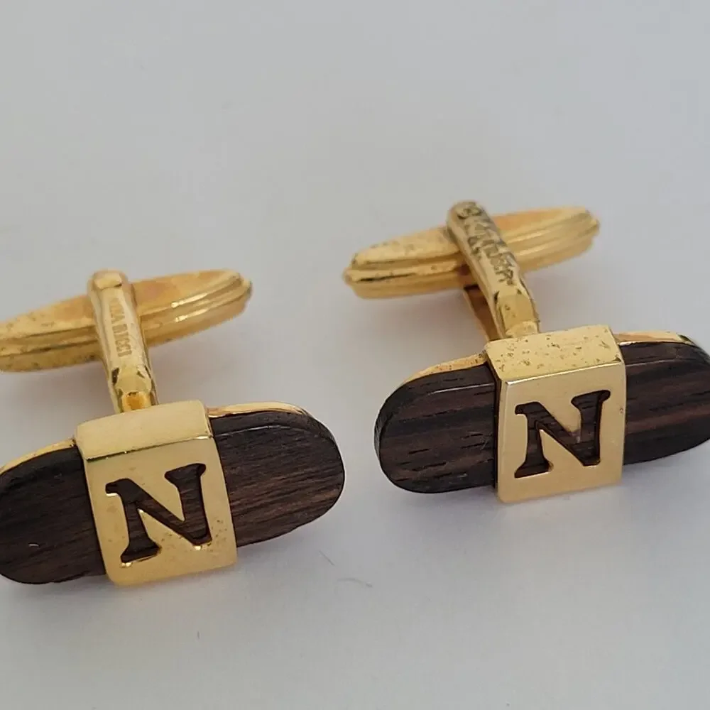 Nina Ricci N‎ Oval Cufflinks Gold Brown Wood Tone French Designer Retro Vintage
